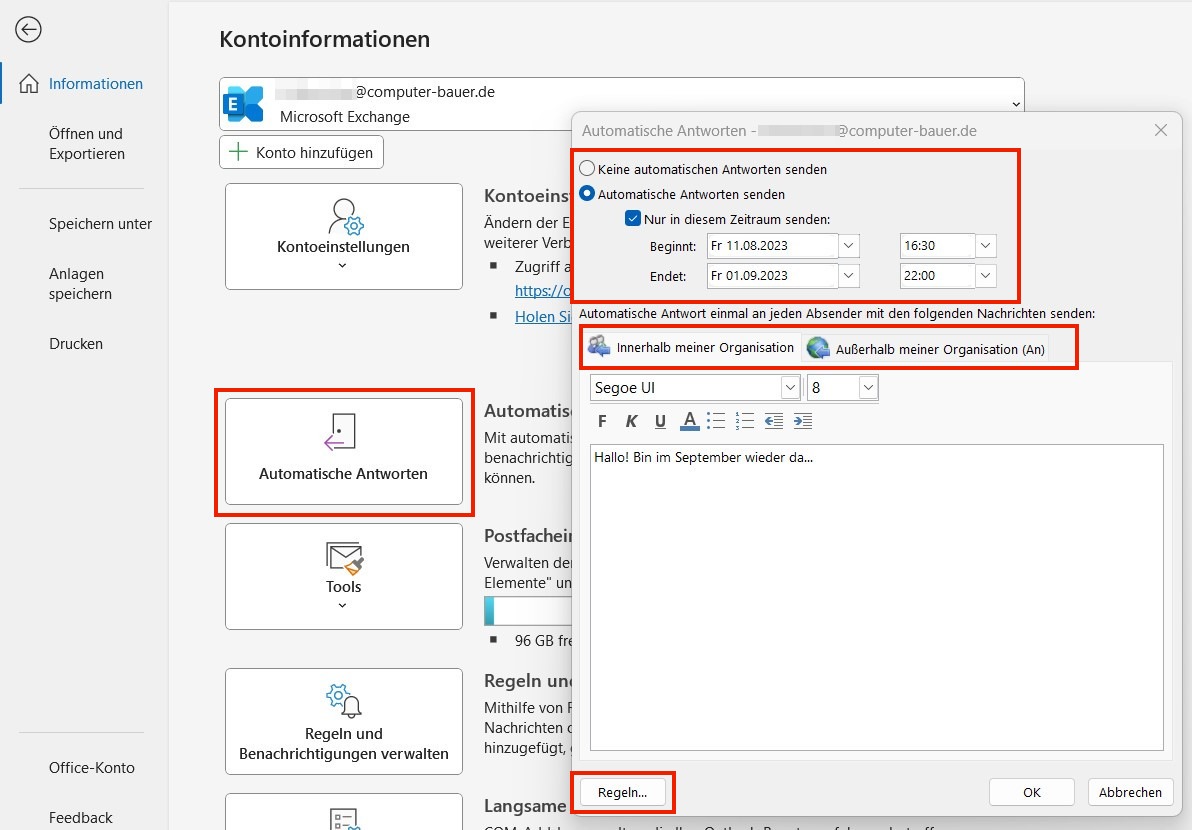 Screenshot Outlook-Einstellungen Autoresponder