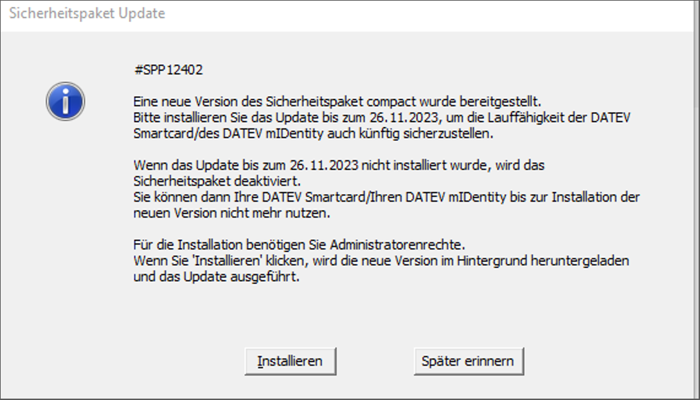 Screenshot DATEV-Meldung zum Update
