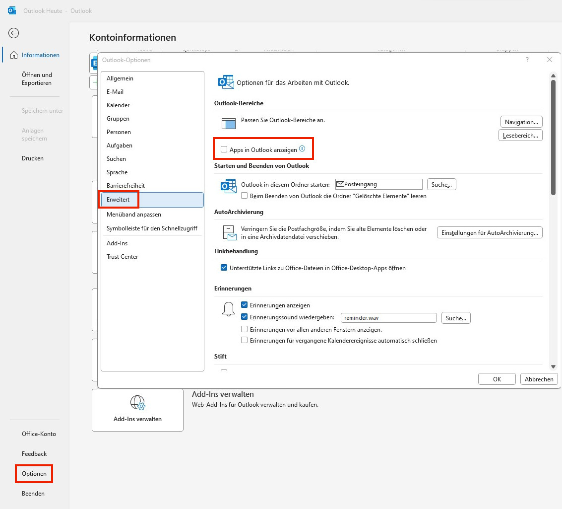 Outlook-Leiste Screenshot Outlook-Einstellungen