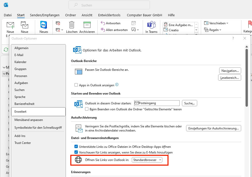 Outlook-Standardbrowser Screenshot Outlook-Einstellung Standardbrowser