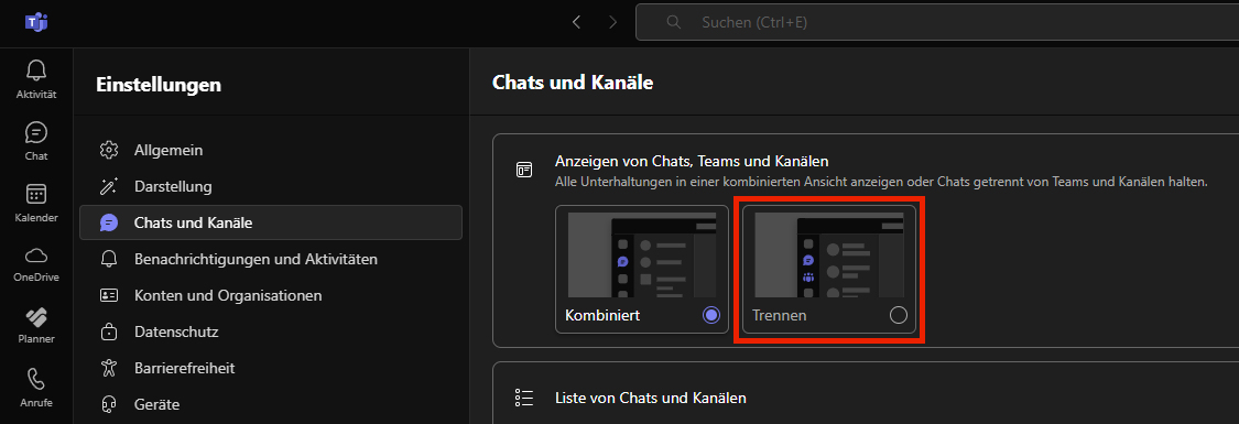 Screenshot Teams-Einstellungen