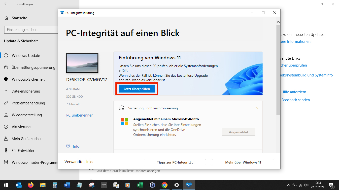 Screenshot PC-Integritätsprüfung